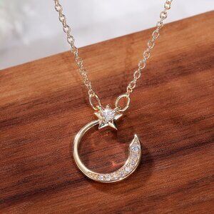 Crystal Shiny Micro Pave Moon Star Gold Trendy Necklace for Women, INDN8645